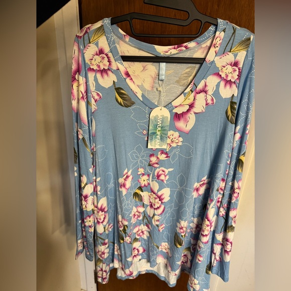 NWT Size XL Blue Floral Print Blue Women's Tunic Top W/Long Sleeve & V-Neckline - Picture 12 of 13